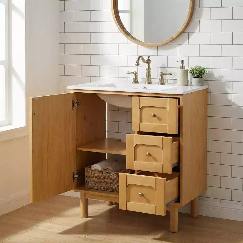 Mobiletto bagno in ceramica JVNOXK da 30 pollici, stile rustico moderno, con 3 cassetti e 1 grande anta a chiusura ammortizzata, mobile contenitore, venatura naturale del legno