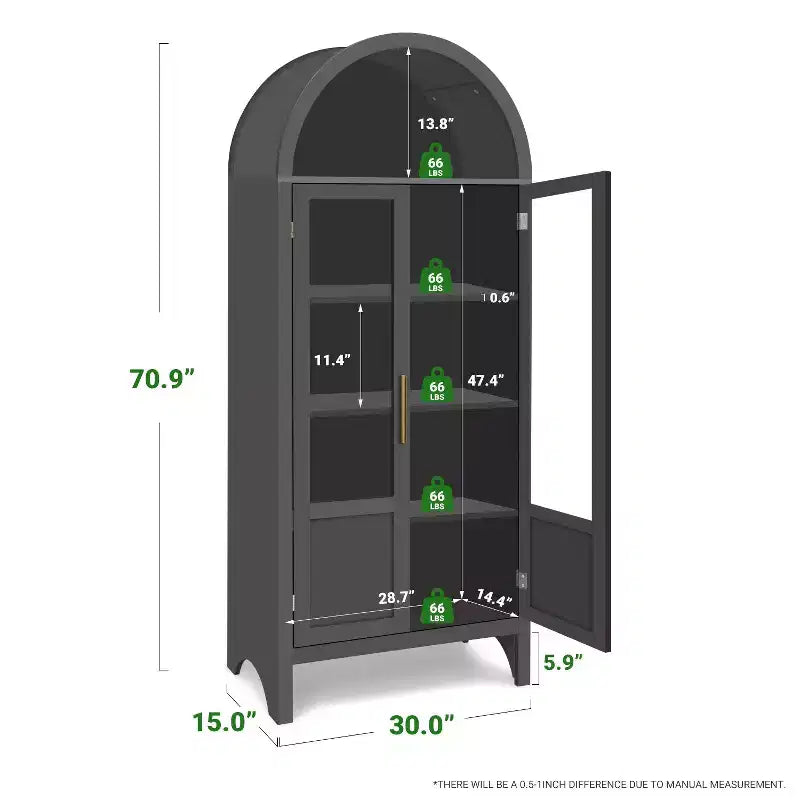 71 Zoll hoher, gewölbter Aufbewahrungsschrank mit 2 Acryltüren und Regalböden fürs Wohnzimmer