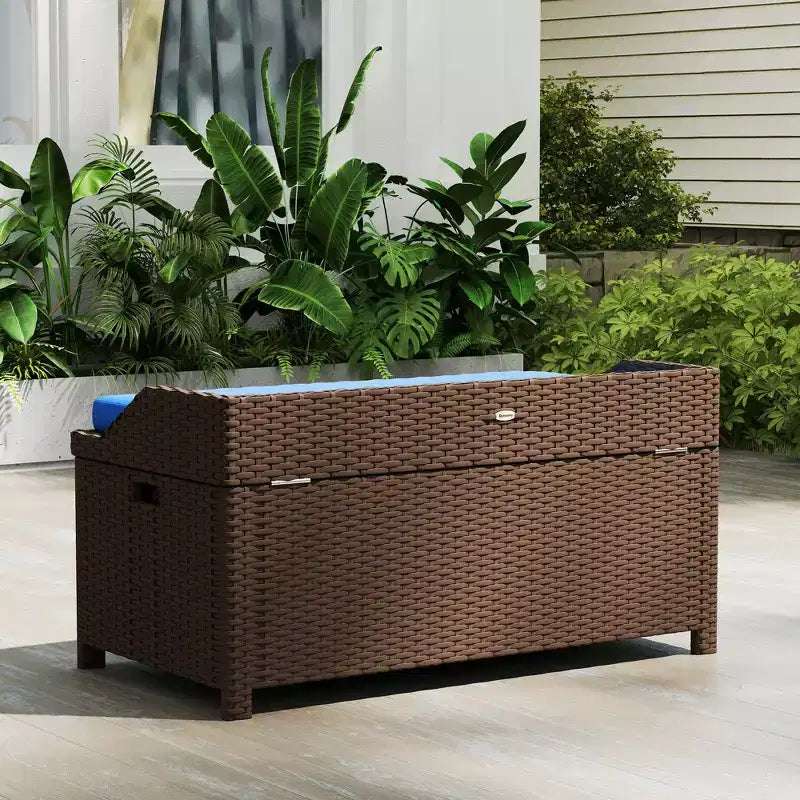 Banc de rangement extérieur en osier avec coussin