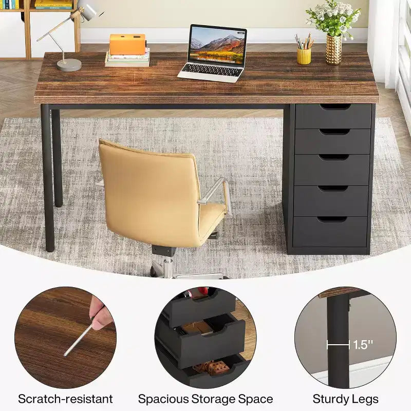Bureau d’ordinateur Lantine avec 5 tiroirs, bureau moderne et sobre de 47 pouces pour le télétravail, les études et l’écriture, idéal pour les petits espaces