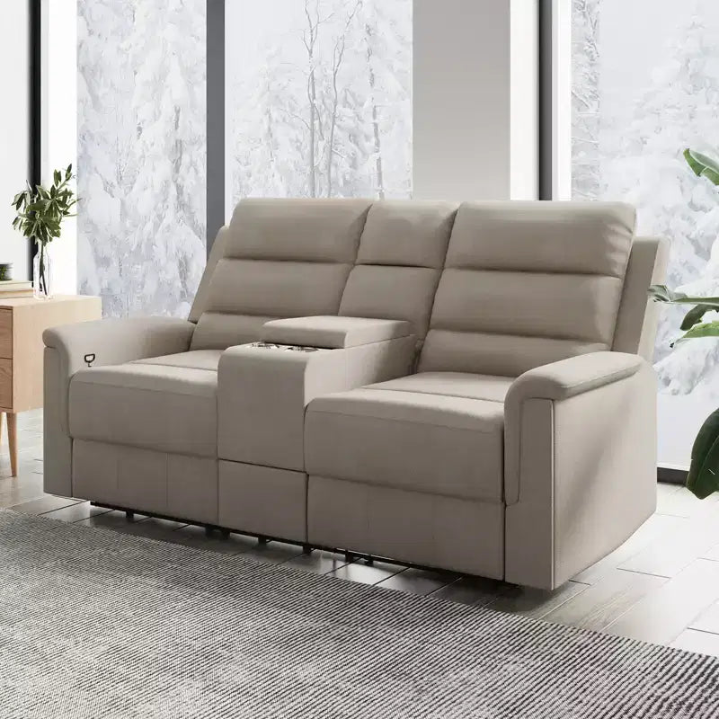 Beiges/graues Zweisitzer-Liegesofa aus Tech-Gewebe mit verstellbarer Rückenlehne und Fußstütze