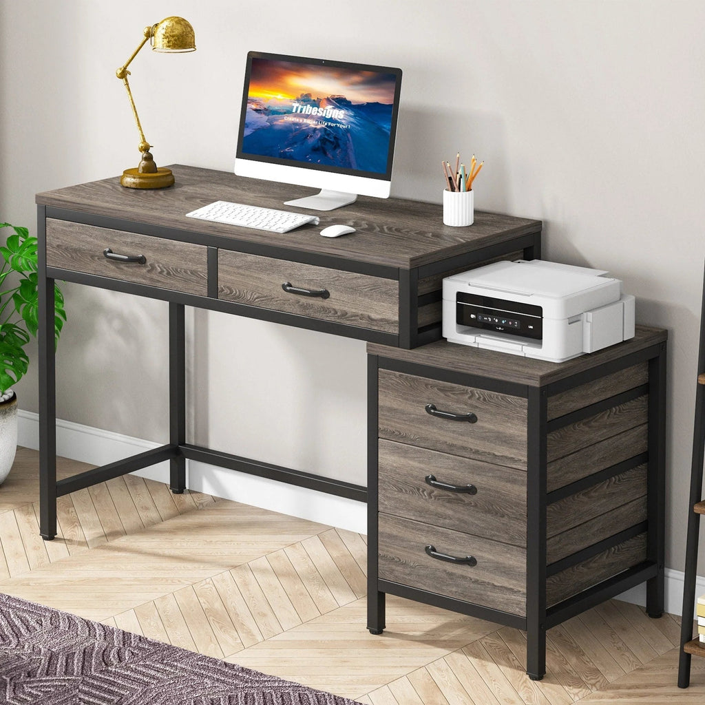 Wendbarer Computerschreibtisch mit 5 Schubladen, Schreibtisch fürs Homeoffice mit Aktenschublade und Druckerständer