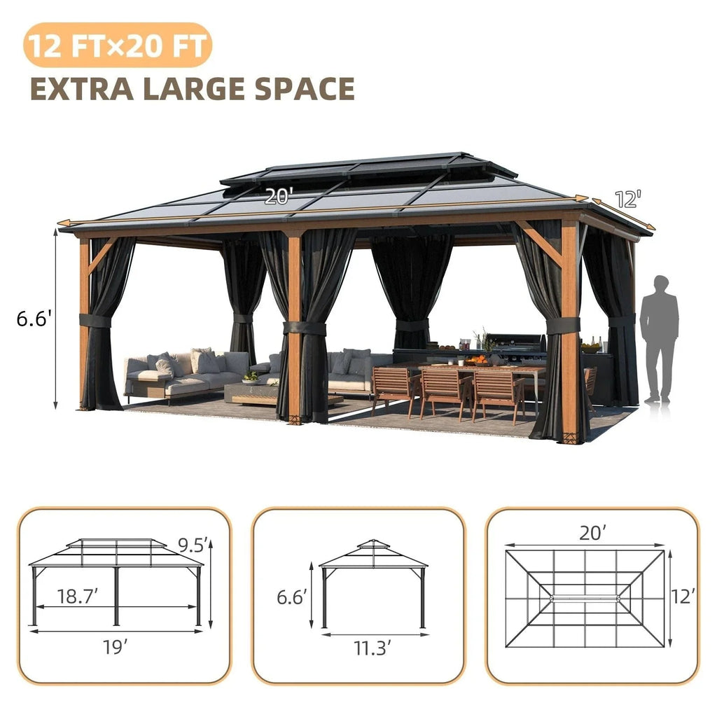 EROMMY hardtop-paviljoen, pergola voor buiten met dubbel dak, netten en gordijnen, extra stevig zonnescherm voor terras, achtertuin en zwembadfeest