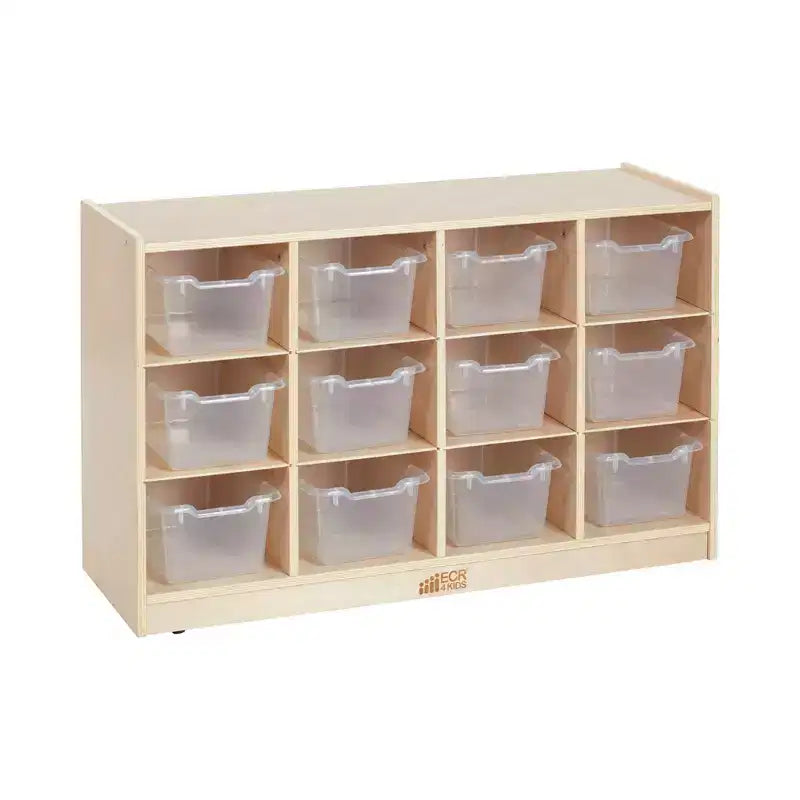Mobiler Fächerschrank mit Tablettfächern und 15 Behältern mit Schaufelfront, 3x4, Kindermöbel