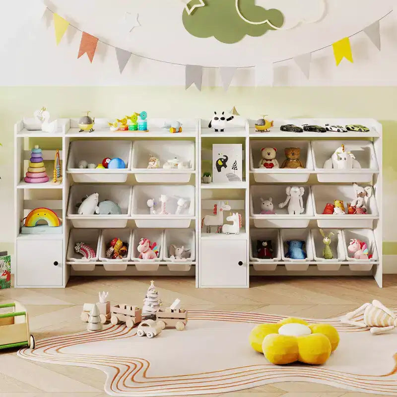 Costway Spielzeugaufbewahrung und Bücherregal für Kinder, Bücherregal aus Holz mit 4 kleinen und 4 großen Boxen, Grau/Weiß
