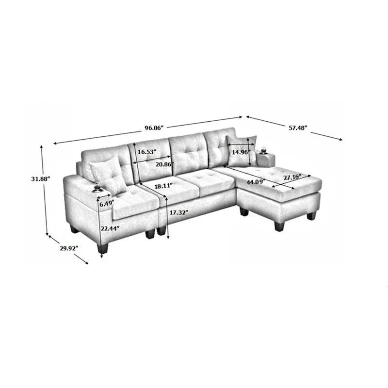Wohnzimmer-Ecksofa mit L-förmiger Chaiselongue und Becherhalter