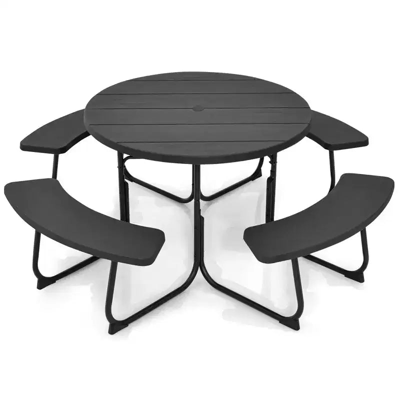 Costway Rundes Picknicktisch-Bank-Set für 8 Personen für den Außenbereich, mit 4 Bänken und Schirmloch, Schwarz/Grau/Grün/Weiß