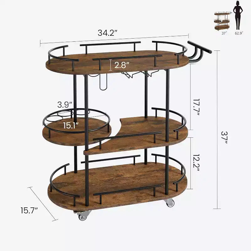 Barkarren met opbergrekken met 4 niveaus, mobiele barkarren op wielen met wijnrek en glazenhouder voor keuken, eetkamer en woonkamer