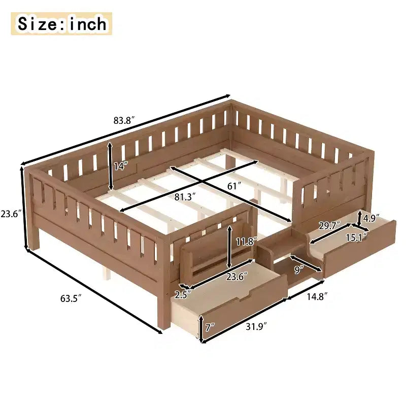 Lit pour enfant Bellemave format queen avec 14 barrières de sécurité, cadre de lit compact avec bibliothèque intégrée et 2 tiroirs de rangement sous le lit