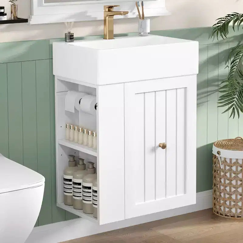 Badezimmer-Waschtisch mit Keramikbecken, MDF-Schublade, Seitenablage und goldenem Griff