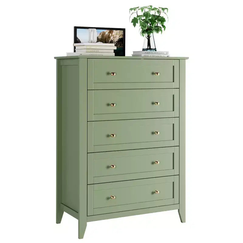 Commode de chambre à 5 tiroirs, hauteur de 42.5 pouces, armoire de rangement en bois avec tiroirs de 11.9 pouces de profondeur et poignées en métal doré, idéale pour l'entrée ou le couloir