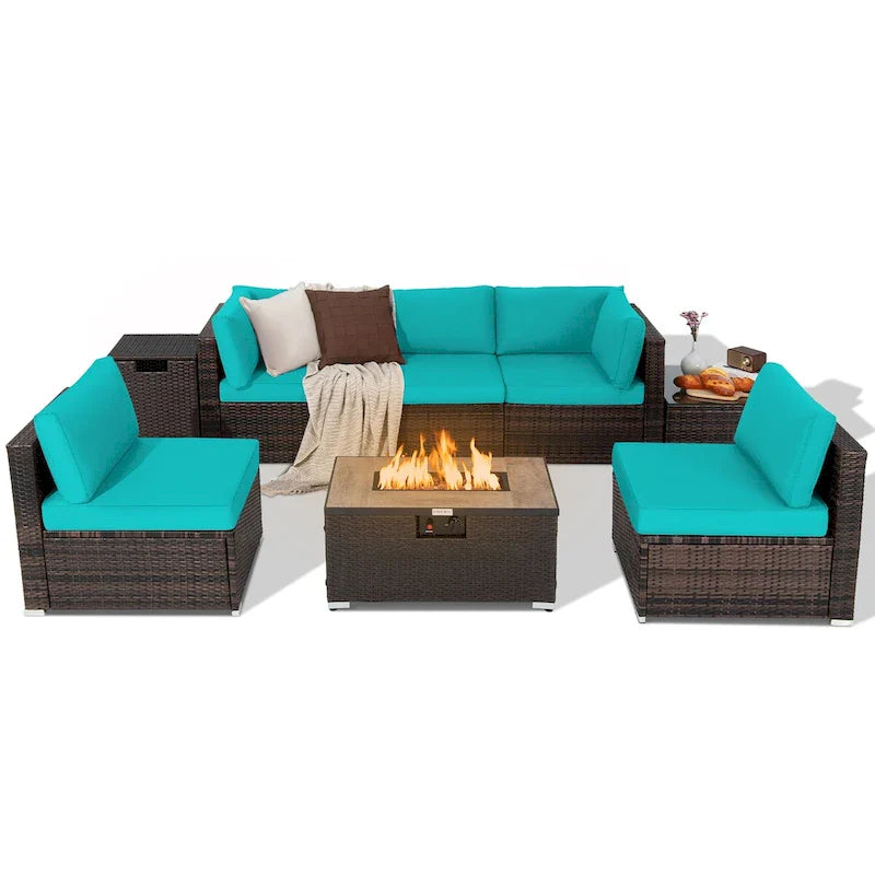 8-teiliges Gartenmöbel-Set aus Rattan mit Feuertisch, Tankhalter, Abdeckung und Terrassenmöbeln