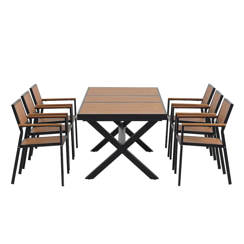 7-delige uitschuifbare eethoek voor buiten met uitschuifbare tafel en 6 stoelen met armleuningen