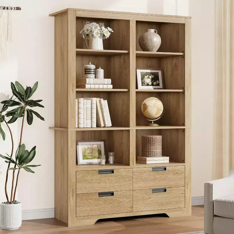 183 cm hohes Bücherregal mit 4 Schubladen, freistehendes Bücherregal im Landhausstil mit Stauraum für Schlafzimmer, Wohnzimmer und Homeoffice