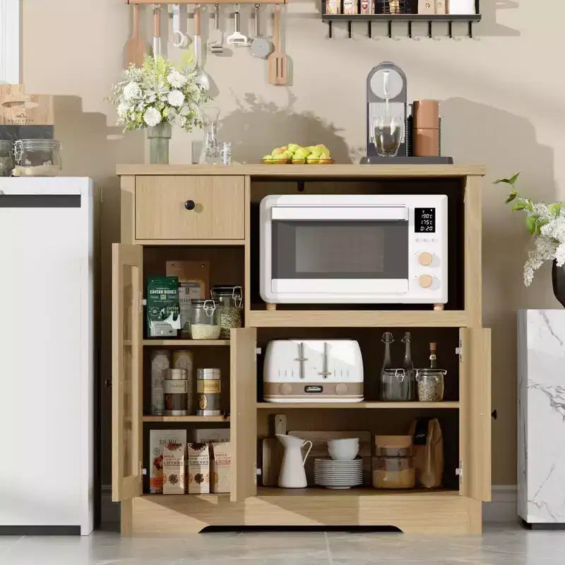 Küchen-Mikrowellenschrank mit Stauraum, 3 Türen, 1 Schublade und verstellbaren Einlegeböden, Vorratsschrank