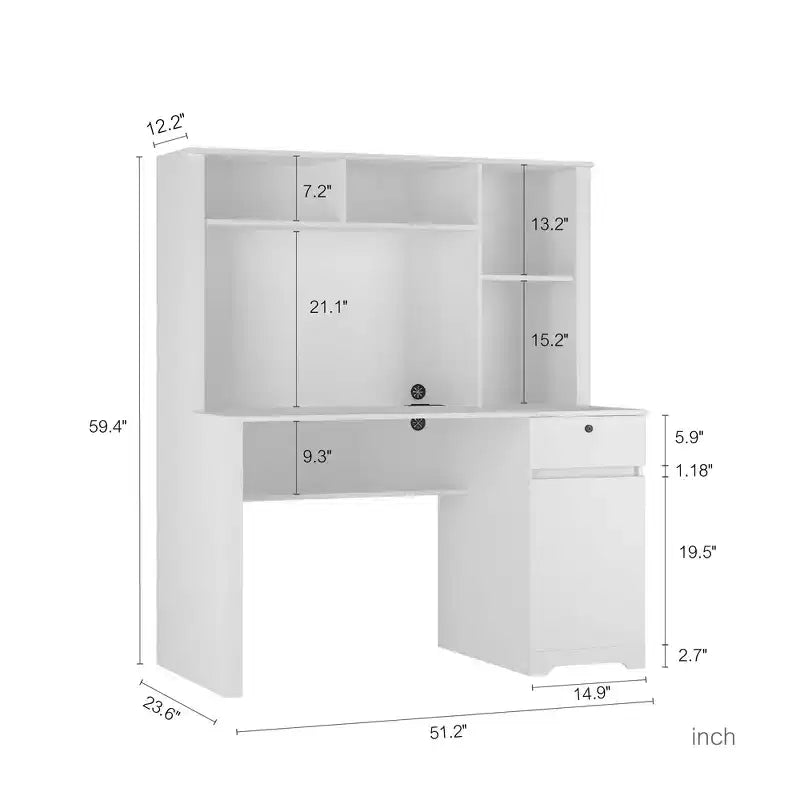 Bureau d'ordinateur moderne de 51.18IN avec rehausseur et bibliothèque, bureau avec nombreux rangements, bureau d'écriture pour le travail et la lecture