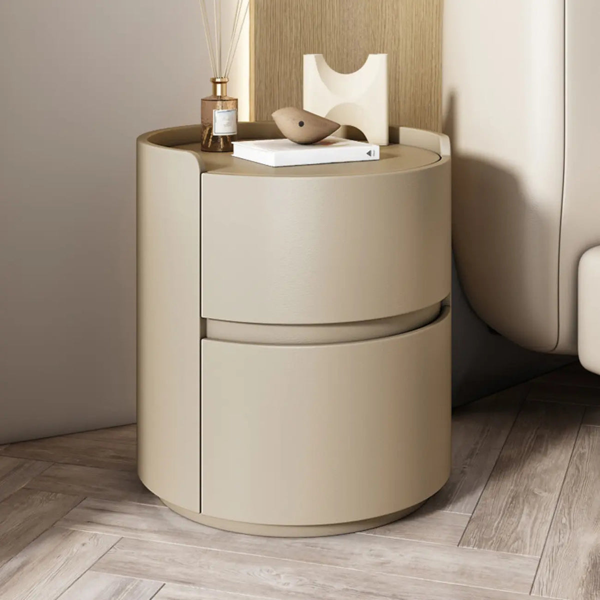 Comodino rotondo moderno con vassoio in pelle e 2 cassetti