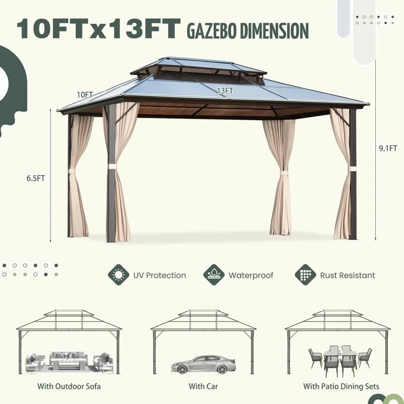 EROMMY hardtop-paviljoen, pergola voor buiten met dubbel dak, netten en gordijnen, extra stevig zonnescherm voor terras, achtertuin en zwembadfeest