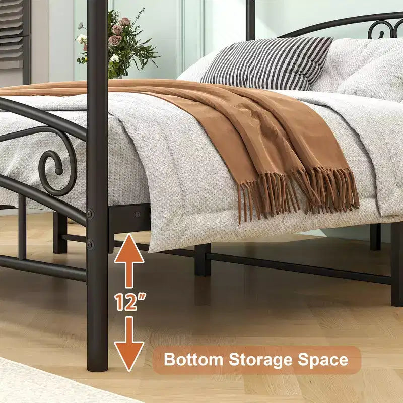 Queen Size Canopy Metal Bed Frame with Vintage Headboard and 12.4 Under-Bed Storage