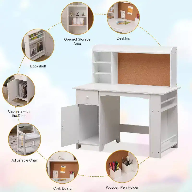 Bureau et chaise pour enfant, ensemble pour garçons et filles, bureau d'écriture en bois avec bibliothèque, tableau d'affichage, placard et tiroir, pour les 3-8 ans