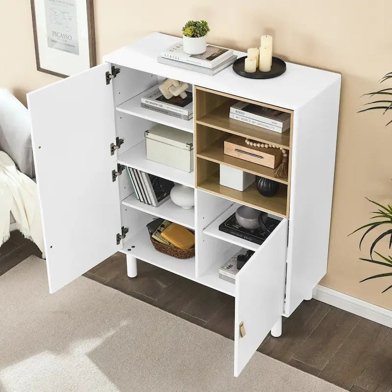 Multifunktionaler Aufbewahrungsschrank mit Tür, modernes Sideboard, Aufbewahrungsschrank aus Holz, Schubladenschrank mit Ledergriffen