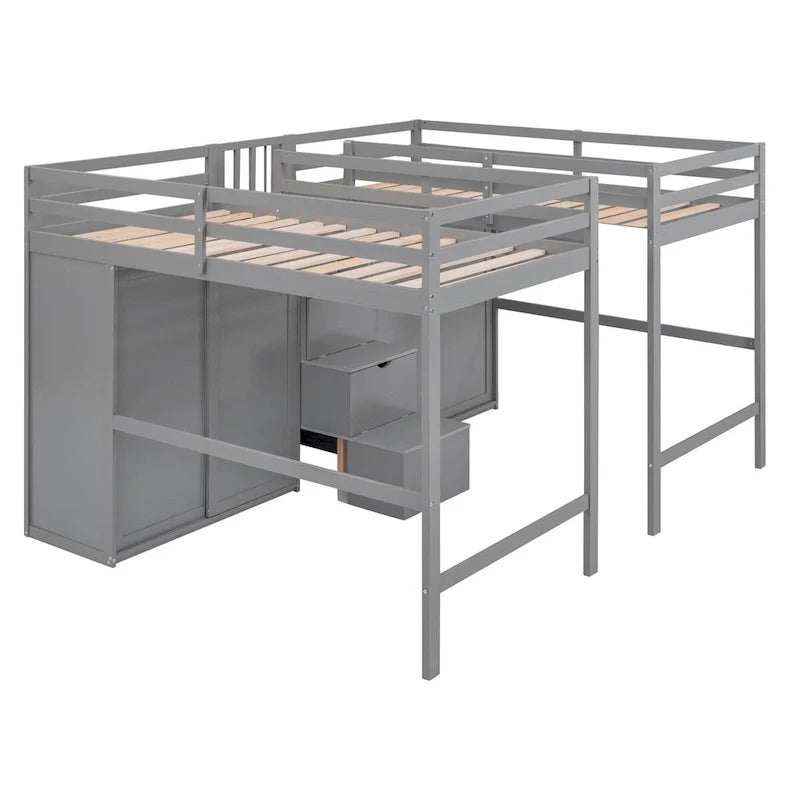 Lits mezzanine doubles jumeaux avec armoires et escalier
