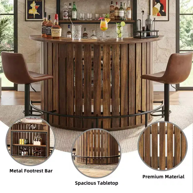Mini bancone bar contenitore a 4 ripiani con forma arcuata, mobile bar moderno rustico con poggiapiedi e struttura in MDF