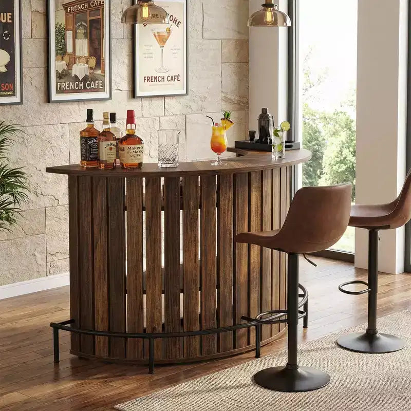 Mini bancone bar contenitore a 4 ripiani con forma arcuata, mobile bar moderno rustico con poggiapiedi e struttura in MDF