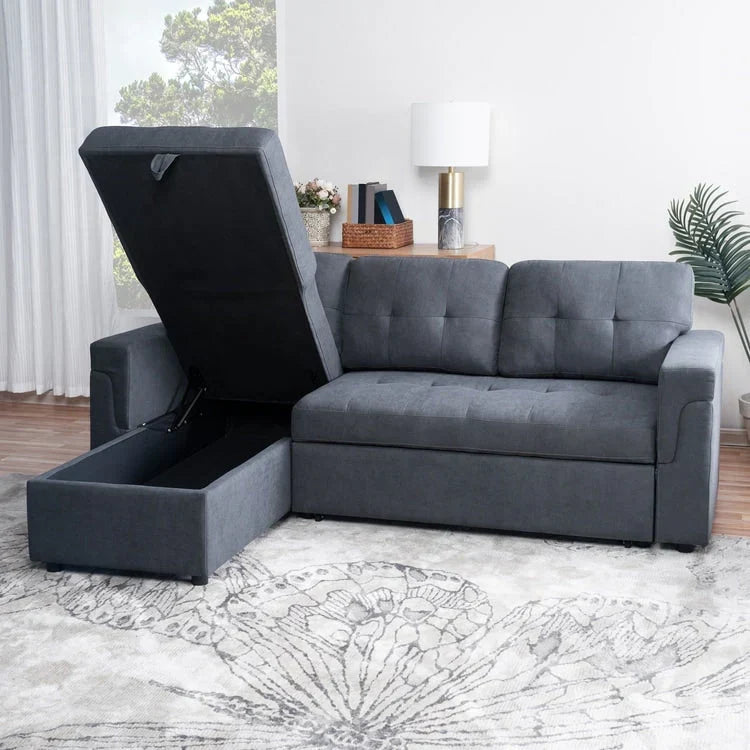 Umbaubares, beidseitig montierbares Ecksofa mit ausziehbarem Schlafbett, verstecktem Stauraum in der Recamiere und robusten Beinen