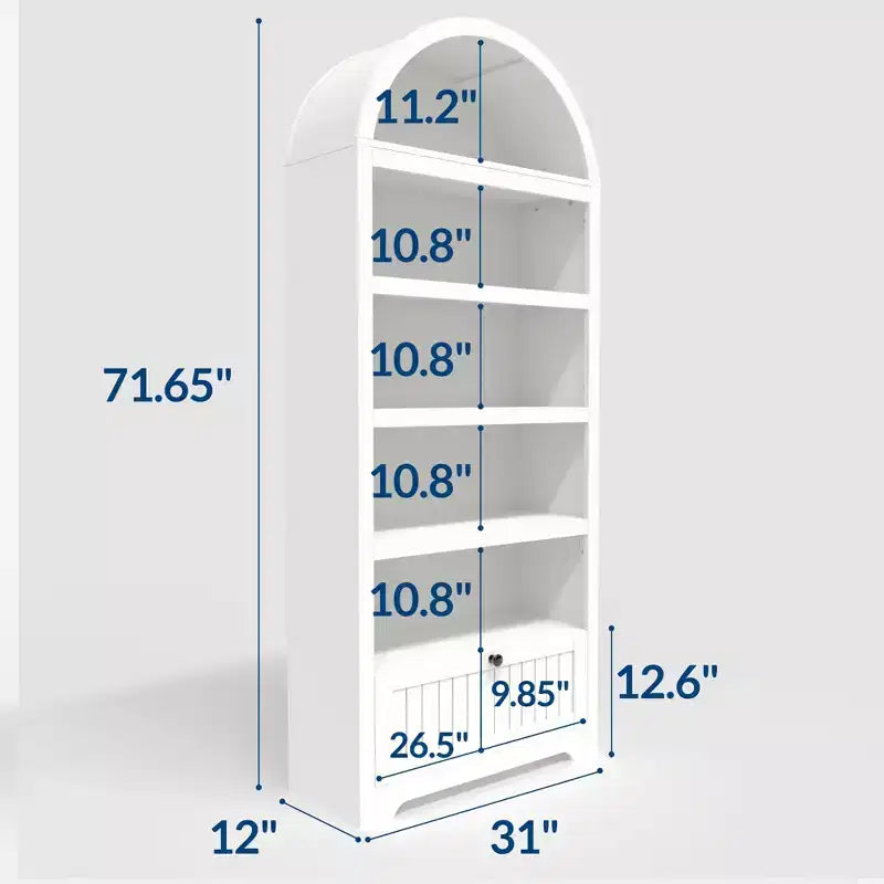 72 Zoll hohes, bogenförmiges Bücherregal mit Schublade, moderner 6-stufiger Holzschrank mit offenen Ablagen und unterer Schublade, geschwungene Schranktür