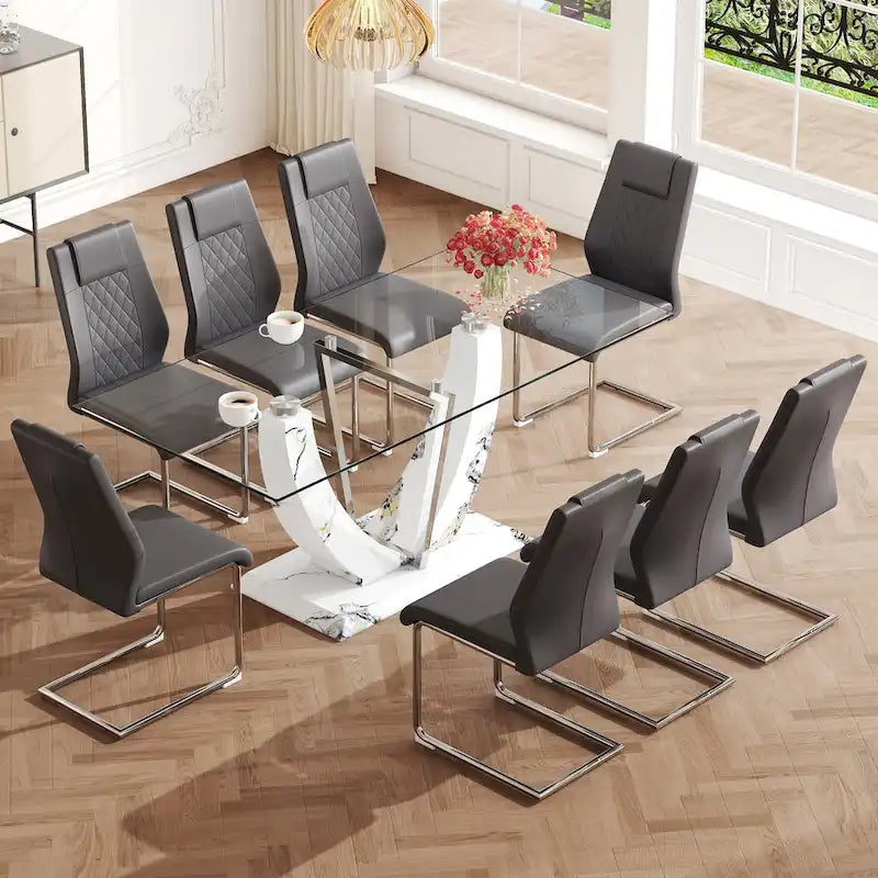 Ensemble de table à manger moderne en verre trempé avec piètement en U à motif marbré et chaises rembourrées de similicuir