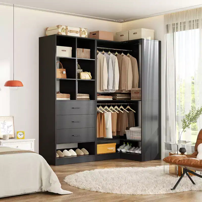 Besiost Set aus 2 freistehenden Kleiderschranksystemen mit 4 Schubladen, begehbarer Kleiderschrank-Organizer mit Kleiderstange