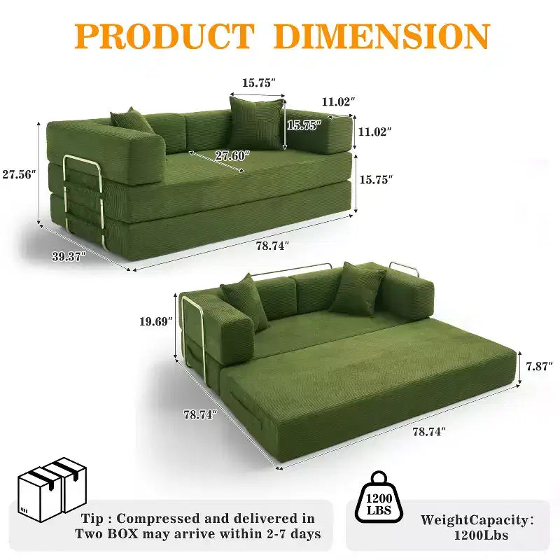 Dyonery 78 Klappsofabett, umwandelbares Cordsofa, Kingsize-Bodenschlafsofa, 4-in-1-DIY-Kombination, modulares Schlafsofa zum Ausklappen, bequemes Sofa.