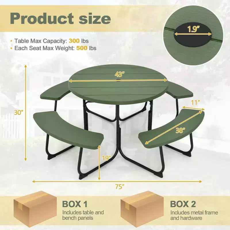 Costway Rundes Picknicktisch-Bank-Set für 8 Personen für den Außenbereich, mit 4 Bänken und Schirmloch, Schwarz/Grau/Grün/Weiß