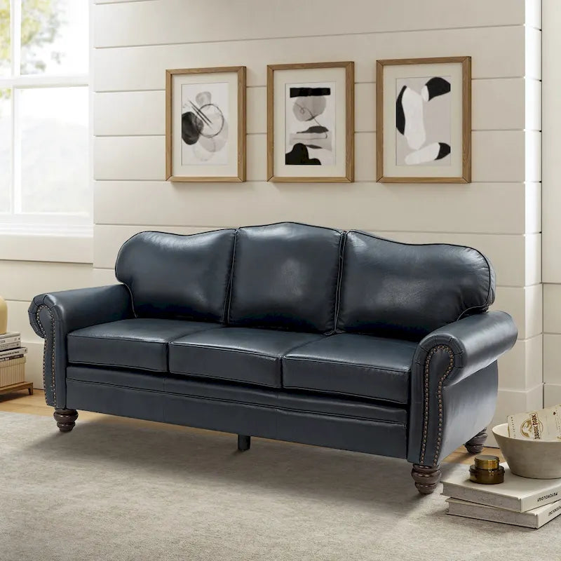 Balvino Sofa mit 81 cm Breite, im Übergangsstil, aus echtem Leder, mit gerollten Armlehnen, Nagelkopfbesatz und abnehmbaren Kissen