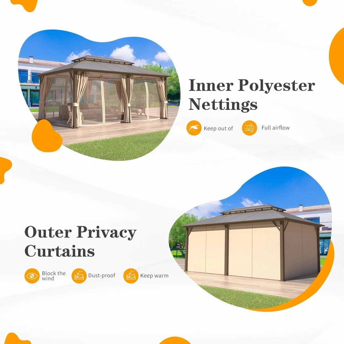 EROMMY hardtop-paviljoen, pergola voor buiten met dubbel dak, netten en gordijnen, extra stevig zonnescherm voor terras, achtertuin en zwembadfeest