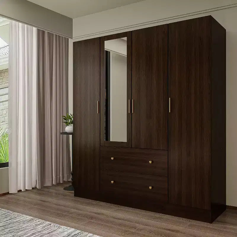 Hitow Kleiderschrank mit 2 großen Schubladen, mittigem Hängbereich und Spiegel, minimalistischer Stil