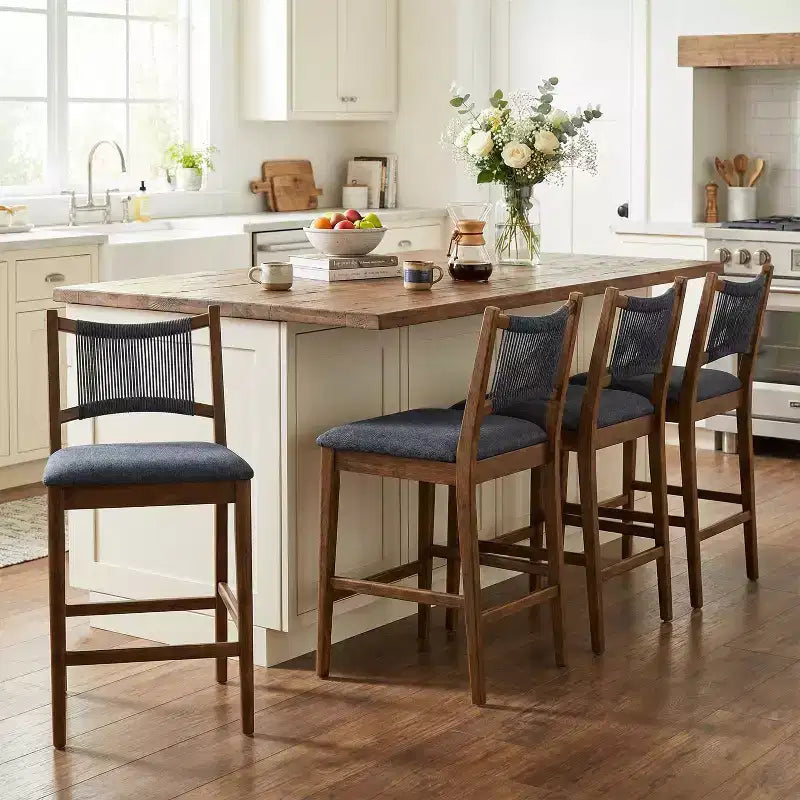 Christopher Knight Home Natalie moderne Thekenhocker aus Rubberwood mit Polsterung und geflochtener Rückenlehne aus Seil (4er-Set)