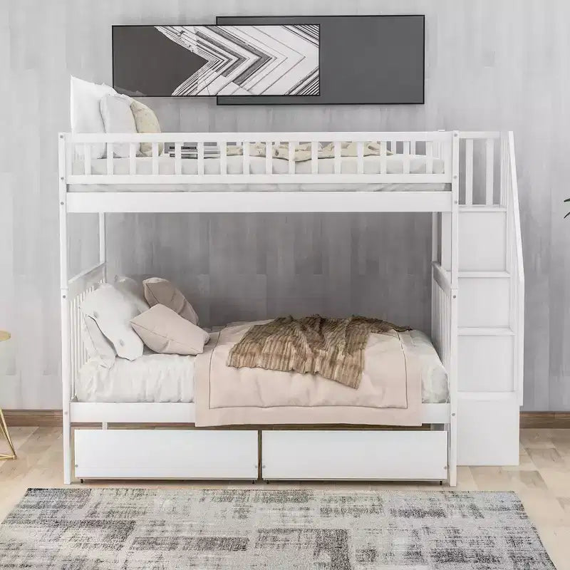 Stapelbed met twee tweepersoonsbedden, twee opberglades en opbergplanken, voor de slaapkamer van kinderen, tieners en volwassenen