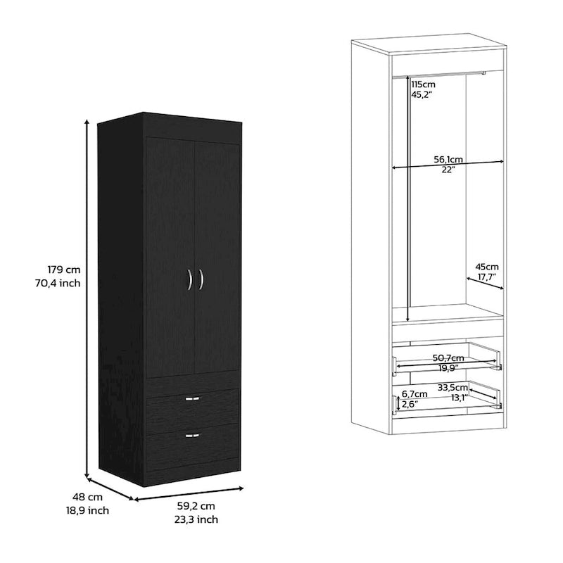 Armoire moderne à deux portes de 18.9 avec deux tiroirs inférieurs et une tringle, pour chambre à coucher