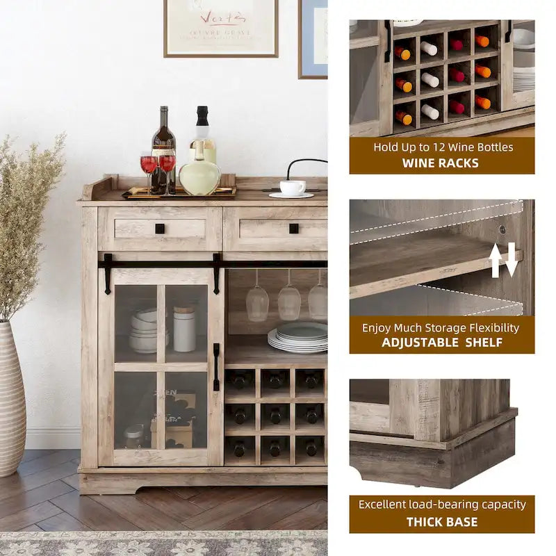 Credenza buffet con ante scorrevoli stile fienile da 53, portabottiglie e mobile contenitore per cucina