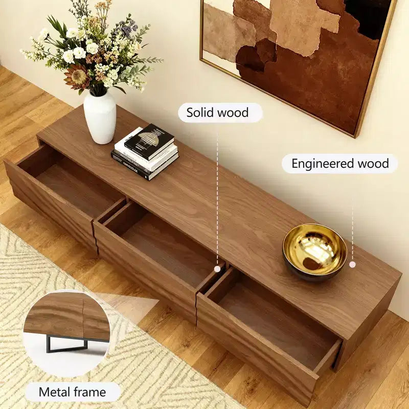 Meuble TV moderne de 82.83 pouces avec tiroirs en bois massif et aérations, meuble multimédia pour le salon