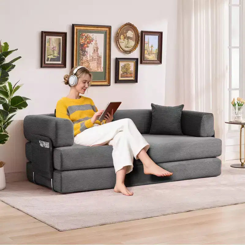 Modernes 79-Futon-Schlafsofa aus Cord für kleine Räume, 5-in-1-Couch mit abnehmbaren Armlehnen und Kissen