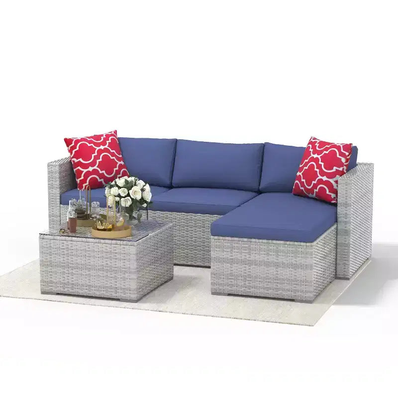 5-teiliges Gartenmöbel-Set, wetterfestes Ecksofa aus Rattan mit rutschfesten Kissen, Gartenmöbel-Sofa-Set aus Rattan mit Hocker