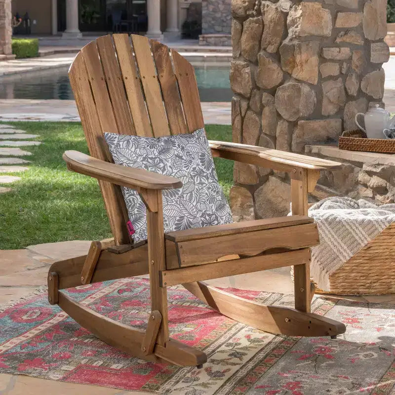 Okak rustikaler Adirondack-Schaukelstuhl aus hochwertigem Akazienholz, 1 Stück, gemütlicher Outdoor-Sessel für Veranda, Hinterhof und Garten, naturfarben