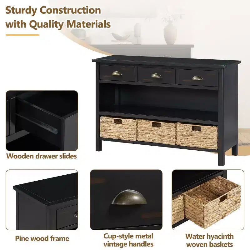 Tavolo consolle da ingresso con contenitore, tavolo da corridoio stile rustico con 3 cassetti e 3 cesti in giacinto d’acqua per soggiorno o ingresso - Panipeachy