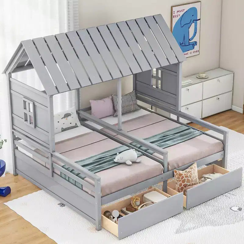 Lits plateformes Whisen House avec deux tiroirs pour chambre partagée de garçon et de fille