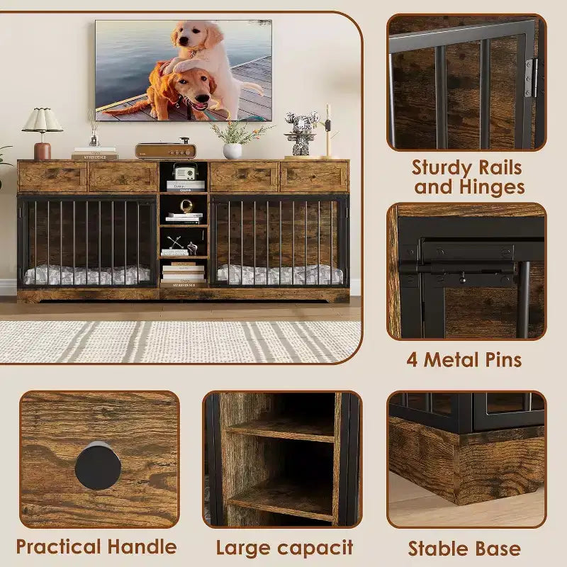 Meuble double cage pour chiens 82, grand chenil d’intérieur pour 2 chiens, cage en bois robuste faisant office de meuble TV avec 4 tiroirs et des étagères