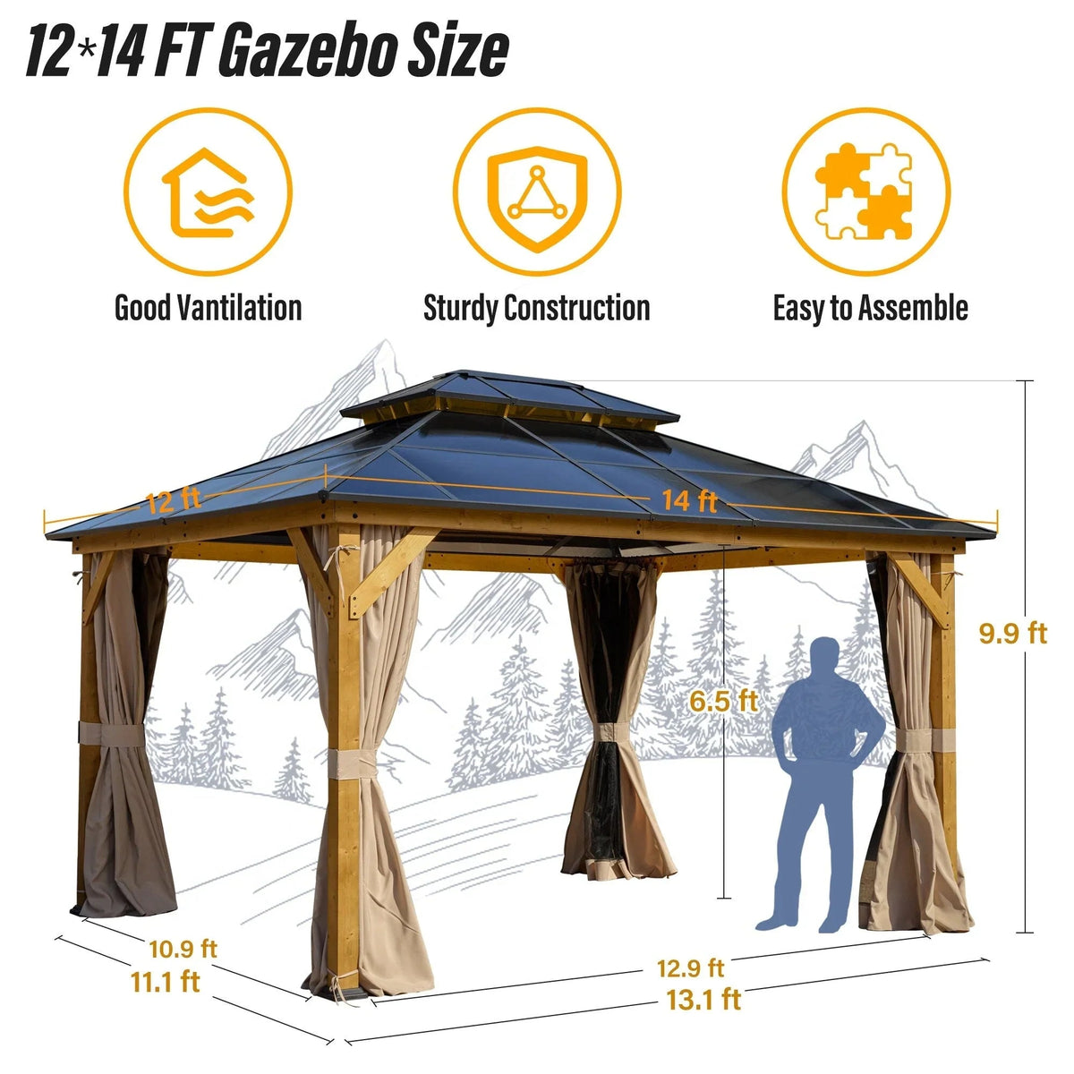 EROMMY hardtop-paviljoen, pergola voor buiten met dubbel dak, netten en gordijnen, extra stevig zonnescherm voor terras, achtertuin en zwembadfeest