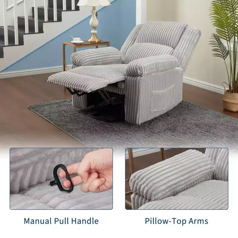 Fauteuil inclinable en velours côtelé, canapé inclinable manuel avec poignée, accoudoirs à plateau rembourré, rembourrage épais, poche latérale, salon, chambre, salle de cinéma maison, gris foncé